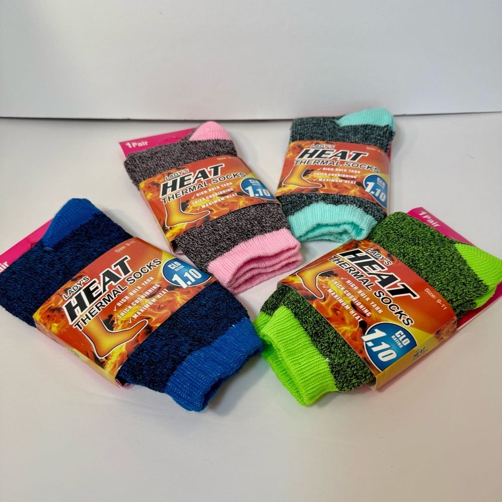 Lady's HEAT Thermal Socks Size 9-11  Blue, Pink, Green, Gray. 4 pairs